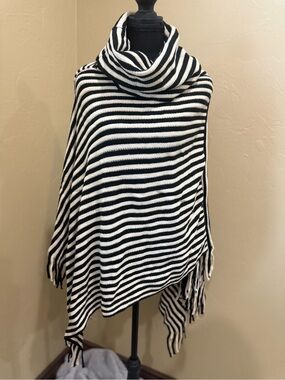 Striped Cowl Neck Tunic Poncho in Black and White
